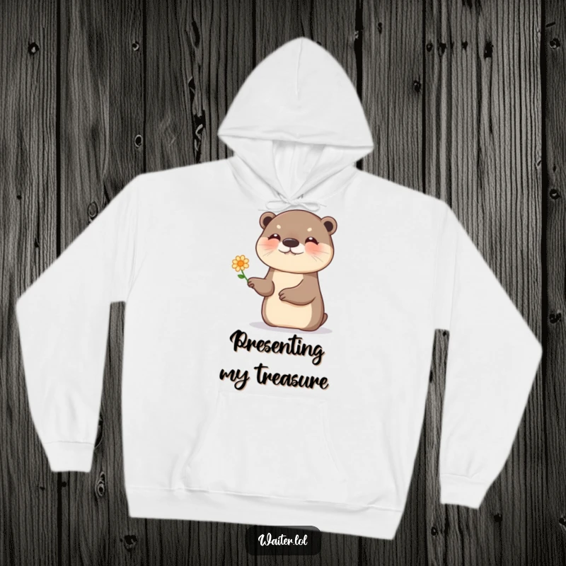 Funny otter flower hoodie, a giggling otter presenting a single, tiny flower with a flourish, soft and cozy.