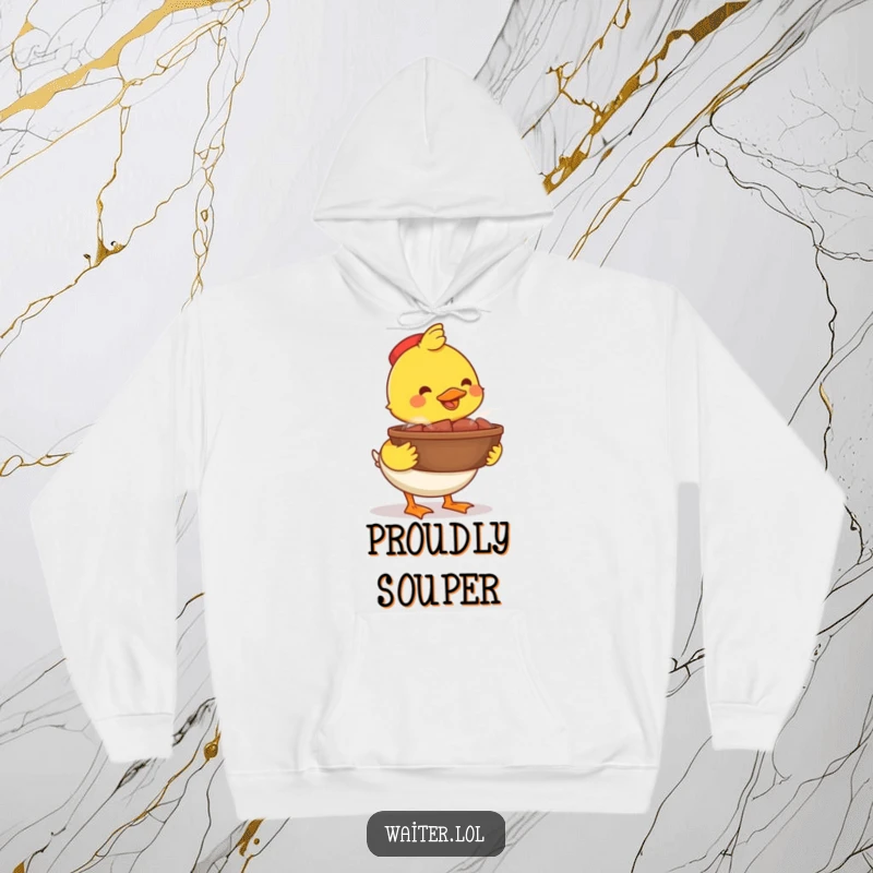 Funny happy duck bowl hoodie, a proud duck carrying a large steaming bowl, offering warmth and cheerful, food-centric humor.