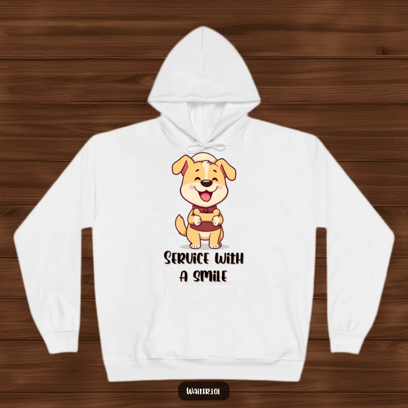 Funny Dog Waiter Hoodie: Happy dog waiter excitedly delivers a bone-shaped treat with a furiously wagging tail for cozy wear.