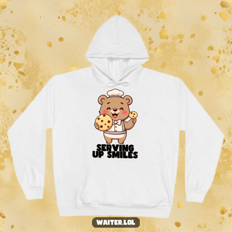 Funny bear waiter hoodie, a smiling bear wearing a bowtie proudly presents a massive cookie with a look of pure delight.