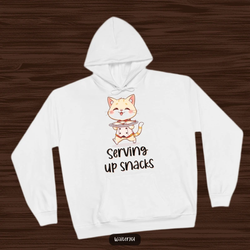 Funny cat waiter hoodie, a giggling cat wearing a waiter's uniform tiptoes with a plate full of tiny fish.