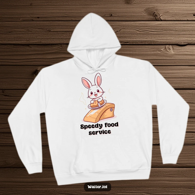 Funny cheerful bunny sliding a steaming plate down a ramp on a cozy hoodie, offering warm, speedy humor.