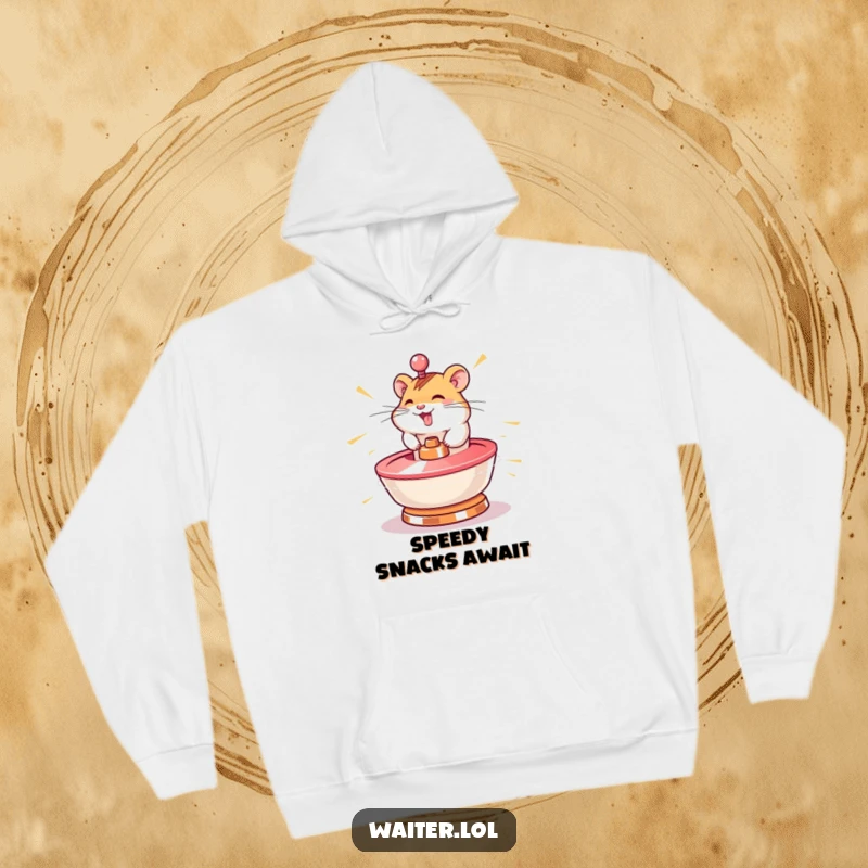 Funny hamster hoodie depicting a giggling character spinning a lazy susan at lightning speed, providing cozy and speedy humor.