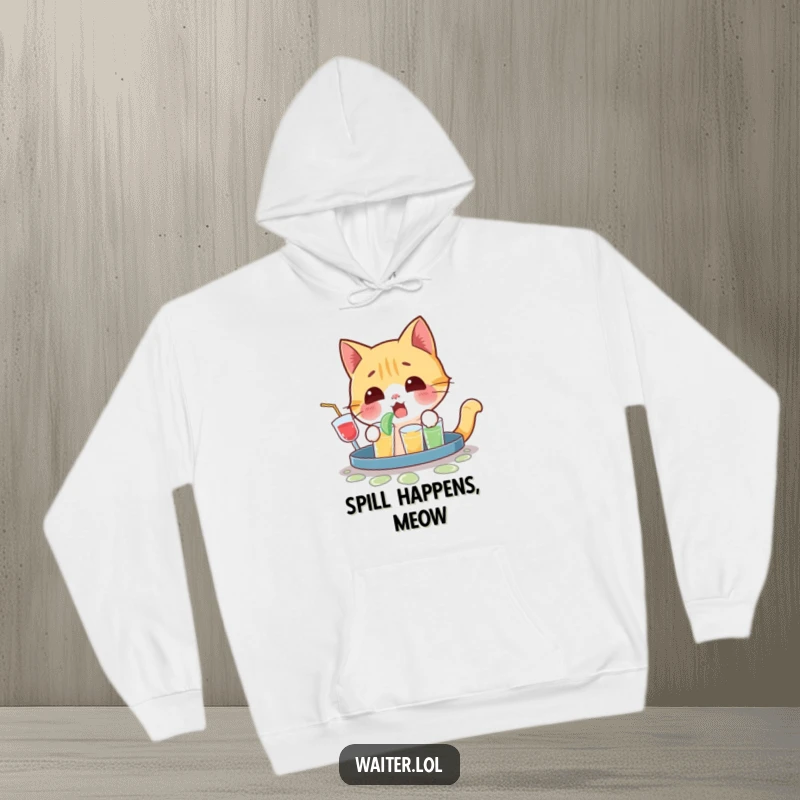 Funny hoodie showing a playful cat character with a look of utter surprise and a tiny yelp escaping after spilling drinks.