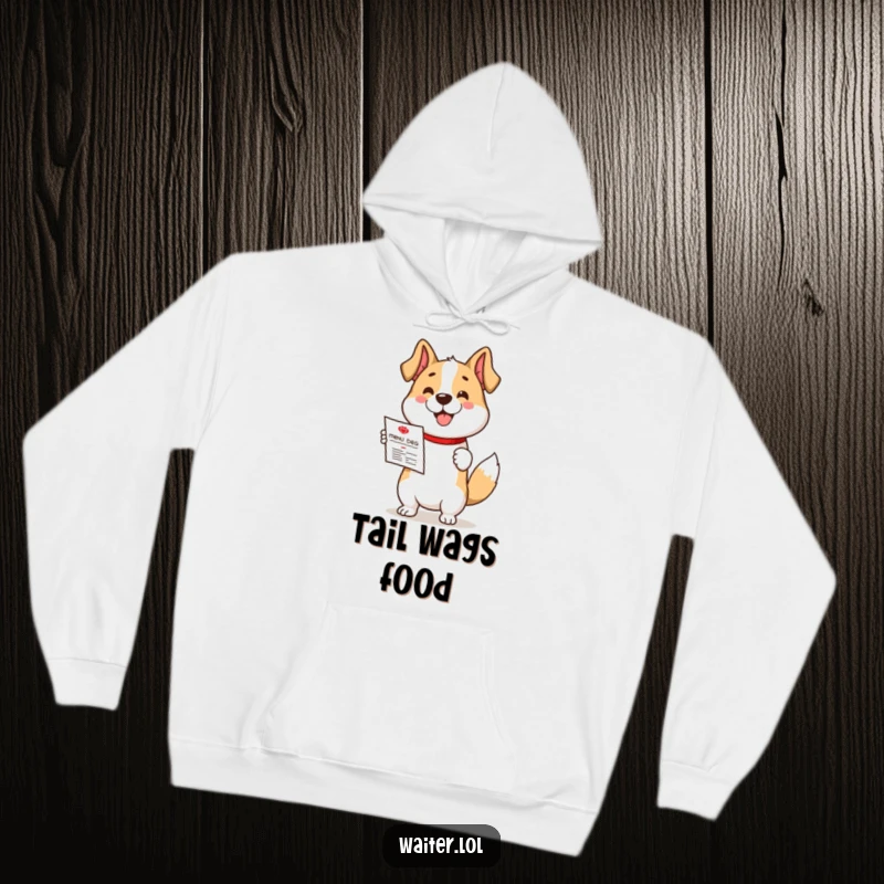 Funny hoodie showing a cute dog character enthusiastically presenting a menu with its tail wagging rapidly, radiating happiness.