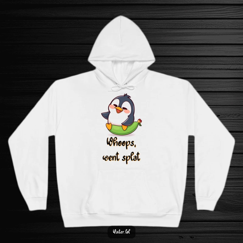 Funny penguin hoodie showing a goofy penguin comically slipping on a pea, mid-squawk, for ultimate comfort.