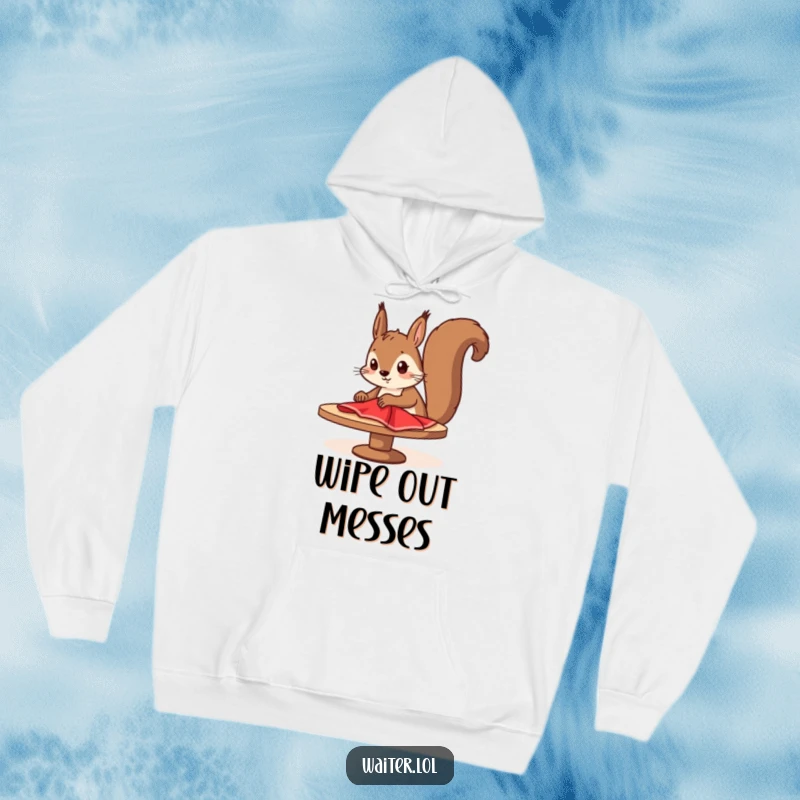 Funny squirrel cleaner hoodie with a determined cartoon squirrel diligently wiping a table with a red cloth, comfortable and humorous clothing.