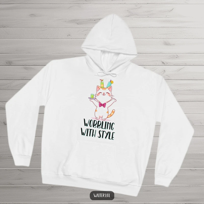 Funny hoodie with a cheerful cartoon cat wearing a bowtie, happily wobbling a towering tray of drinks.