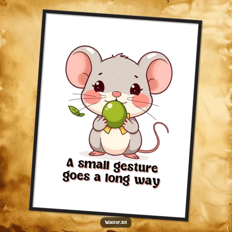 Funny Free Printable Wall Art depicting a tiny mouse in a formal bow, presenting a single olive with playful elegance.