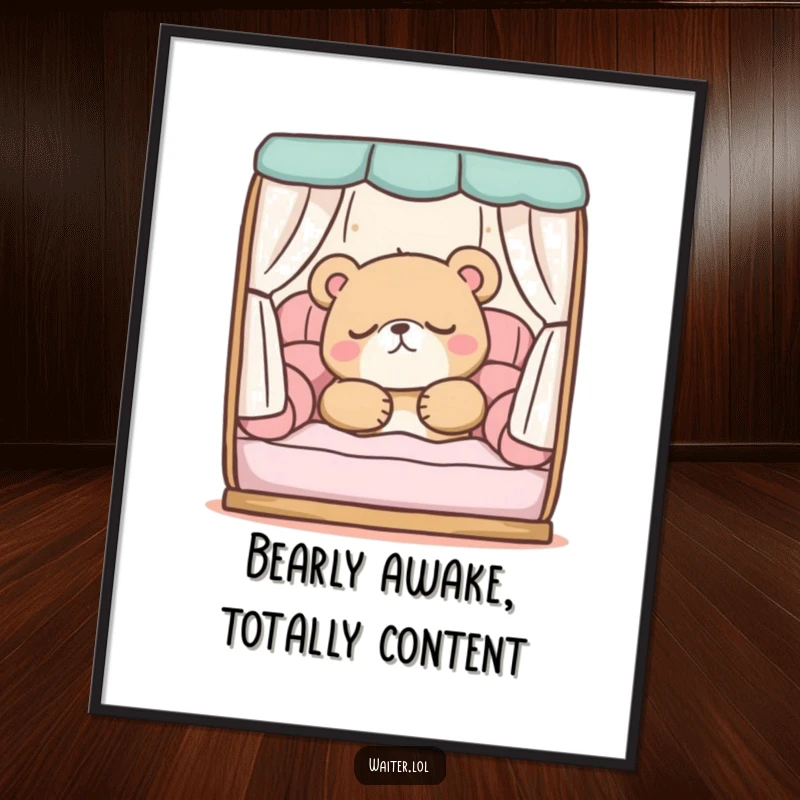 Funny free printable wall art: a delightfully sleepy bear character dreams peacefully while snoozing in a plush, comfortable booth.