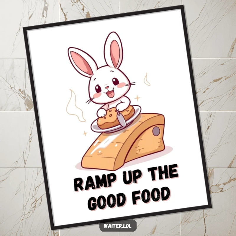Funny Free Printable Wall Art: A cheerful bunny slides a steaming plate down a ramp, embodying speedy service and fun.