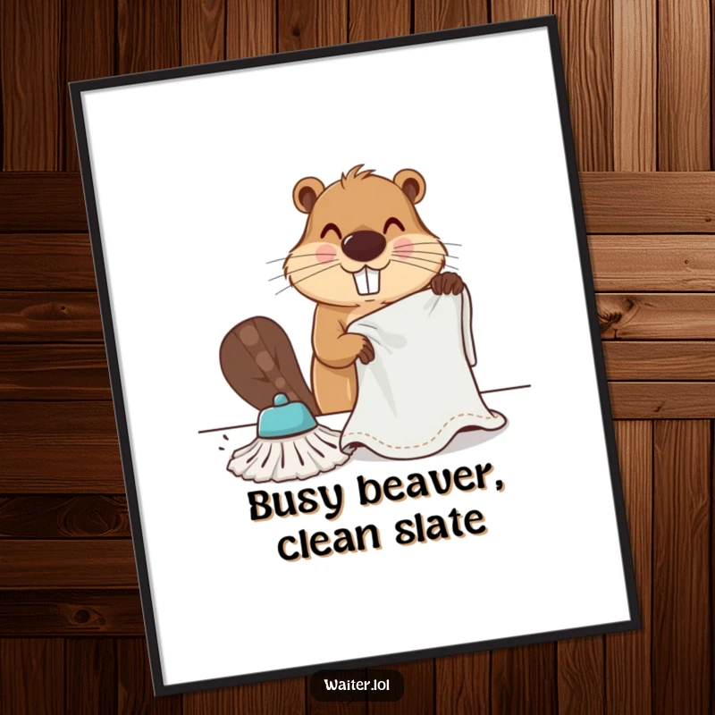 Funny Free Printable Wall Art: A determined beaver vigorously wipes a table with a large cloth, embodying hard work and focus.