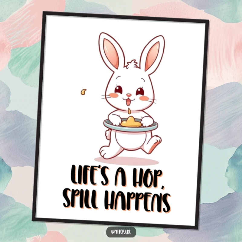 Funny free printable wall art depicting a playful bunny hopping with a tray, artfully containing a single spill, a charming, humorous scene.