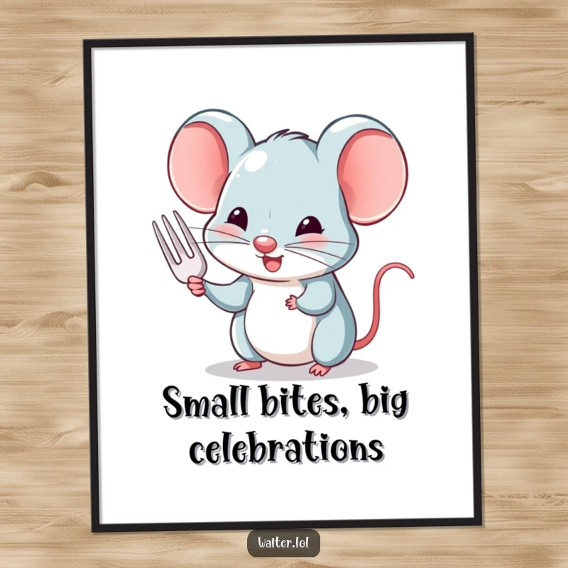 Funny free printable wall art of a charming mouse politely offering a tiny fork with a distinguished nod, adding a touch of class.