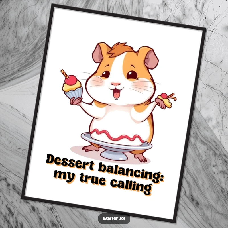 Funny Free Printable Wall Art: A wobbly guinea pig attempting to balance a dessert with a flair, adorable and funny, downloadable.