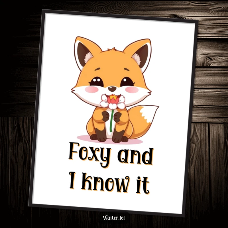 Funny free printable wall art of a happy fox with a huge, beaming smile delivering a single, perfect flower.