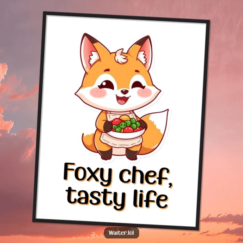 Funny Free Printable Wall Art: A grinning fox wearing a small apron proudly presents a colorful, appetizing dish, ready to delight.