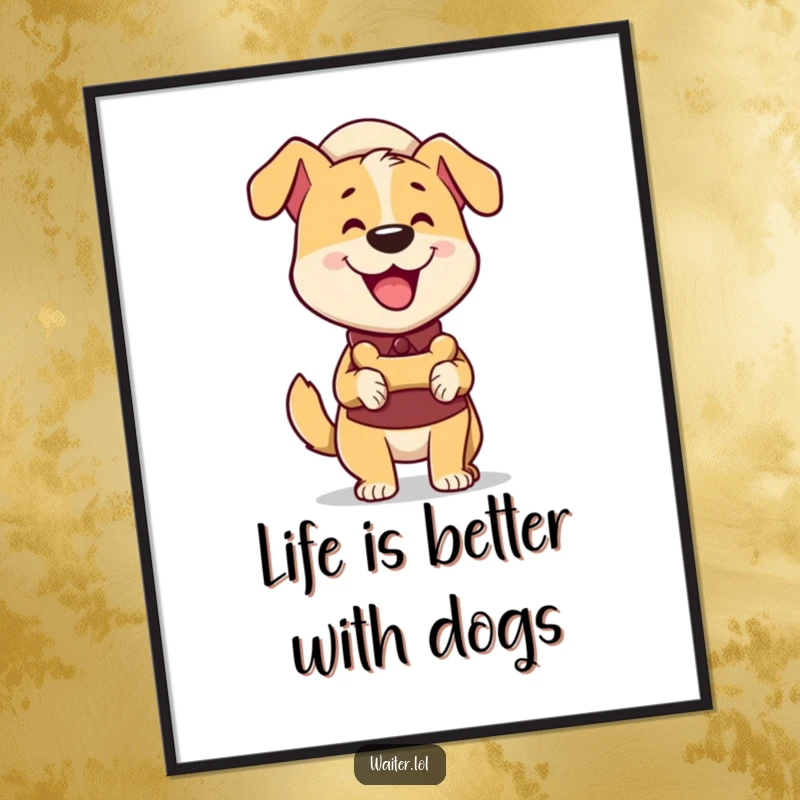 Funny free printable wall art of an excited dog waiter wagging its tail while holding a bone.