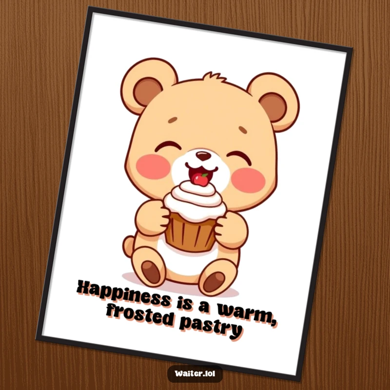 Funny free printable wall art of a delighted cartoon bear cub beaming with pride as it holds a single perfect cupcake.