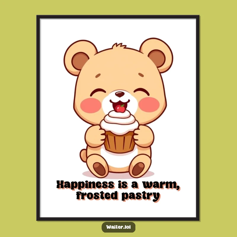 Free Printable Funny Bear Wall Art: Cub with Cupcake, Humorous Downloadable Decor
