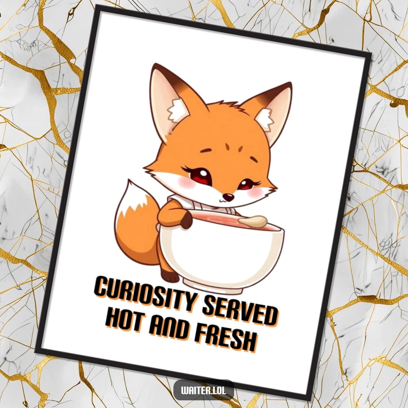Funny free printable wall art of a curious cartoon fox wearing a small apron, peeking into a steaming bowl with an intrigued expression.