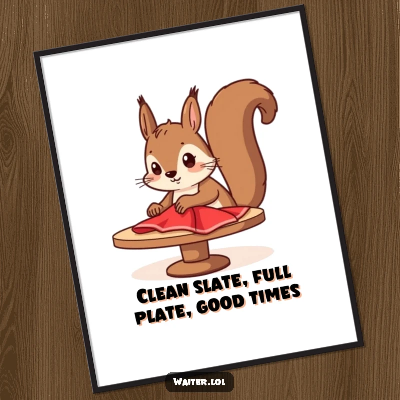 Funny free printable wall art of a determined cartoon squirrel diligently wiping a table with a bright red cloth, looking very focused.