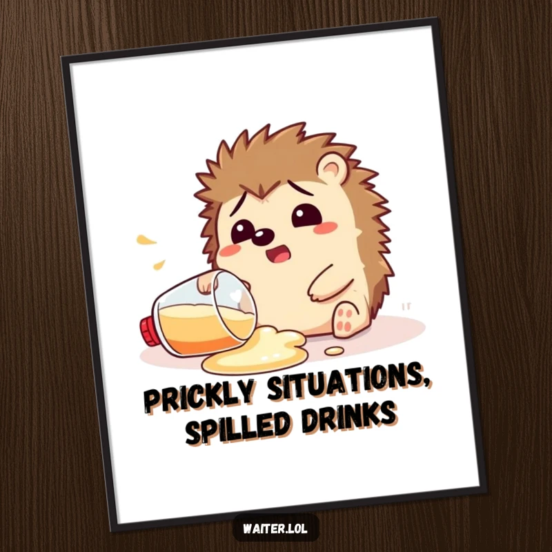 Funny Free Printable Hedgehog Wall Art: A cute, startled hedgehog has spilled a drink, creating a funny and whimsical scene.