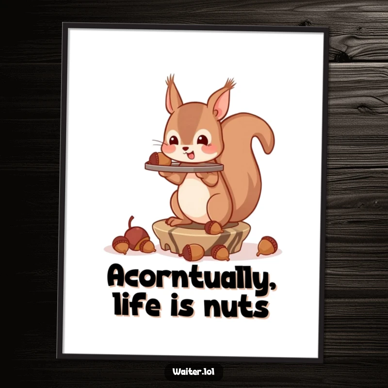 Funny Free Printable Squirrel Wall Art: A charming squirrel wobbles with a tray of acorns, capturing a moment of hilarious instability.
