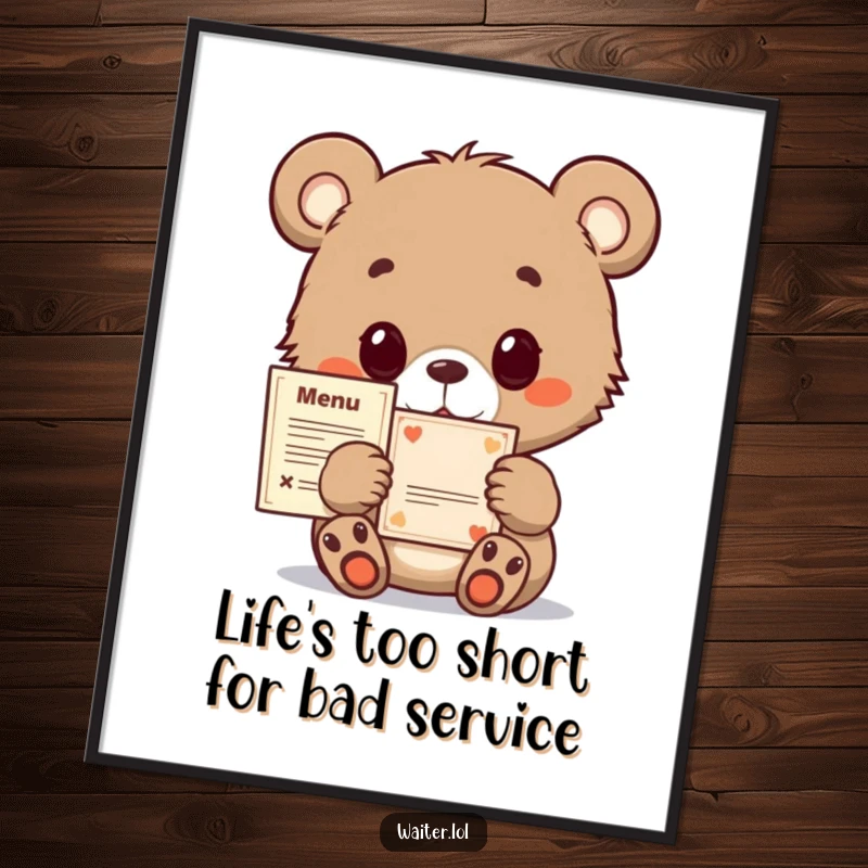 Funny Free Printable Wall Art of a curious bear cub holding a tiny menu with hopeful eyes, an adorable and humorous decor piece.