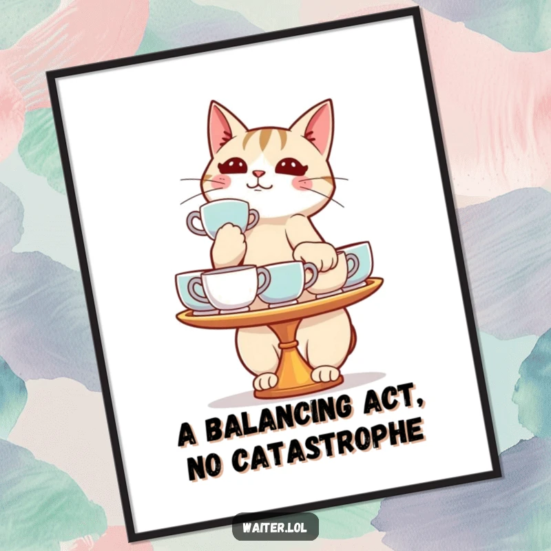 Funny Free Printable Wall Art: Cat with steely determination balancing a massive pile of teacups, humorous decorative art, downloadable.