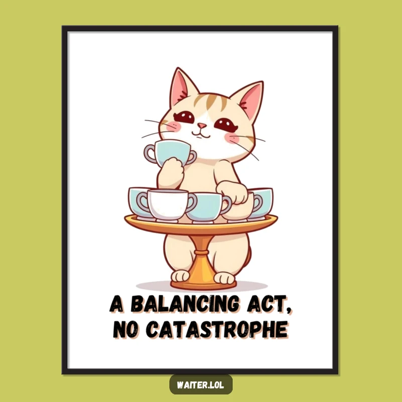 Free Printable Wall Art: Comical Cat Tea Tray Wobble, Quirky Home Decor