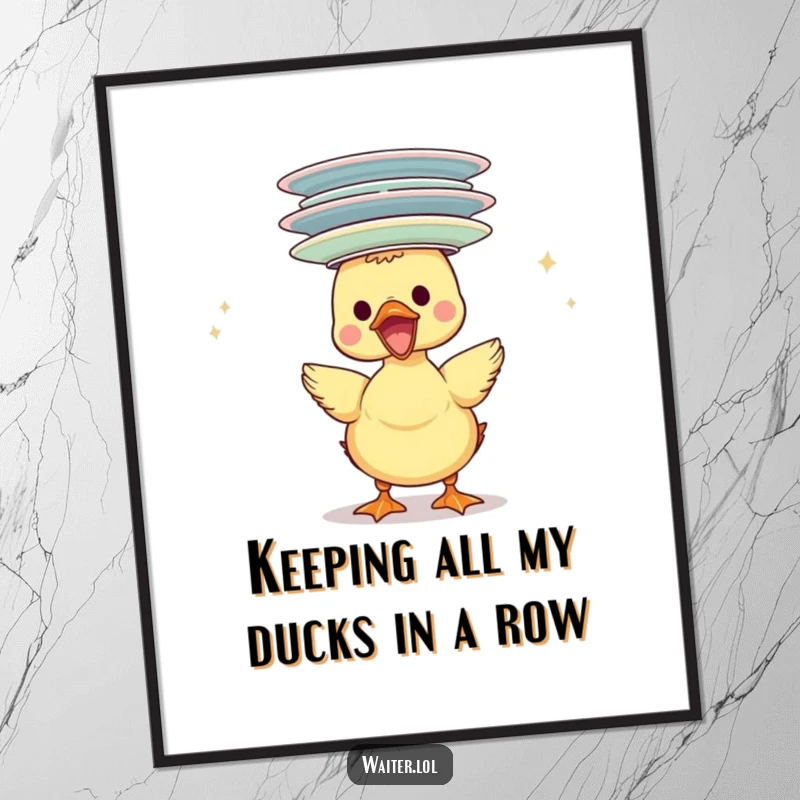 Funny Free Printable Wall Art of a gleeful duckling balancing a tall stack of plates on its head, adding instant charm and humor.
