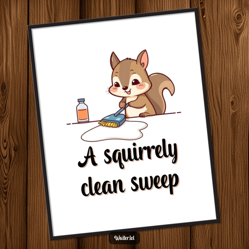 Funny Free Printable Wall Art: Squirrel with a determined expression wiping a table, embodying diligent humor, humorous decorative art, downloadable.