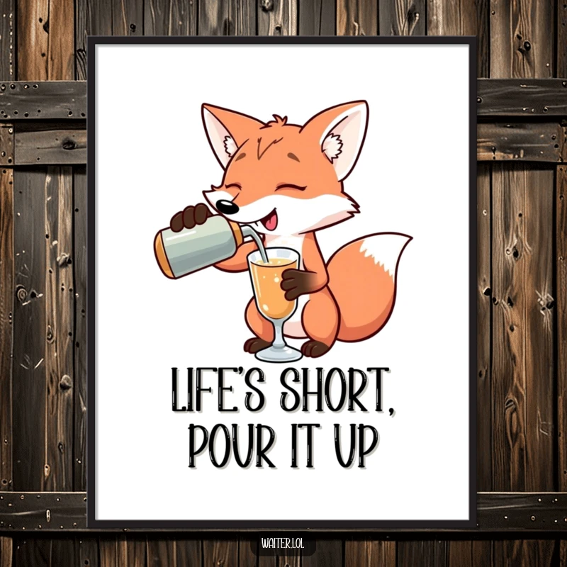 Funny Free Printable Wall Art: Playful fox pours a drink with an exaggerated flourish, a charming bartender in action.