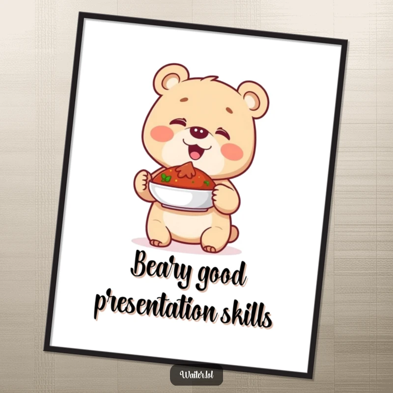 Funny Free Printable Wall Art: A giggling bear cub proudly presents a dish, creating humorous downloadable art for your home.
