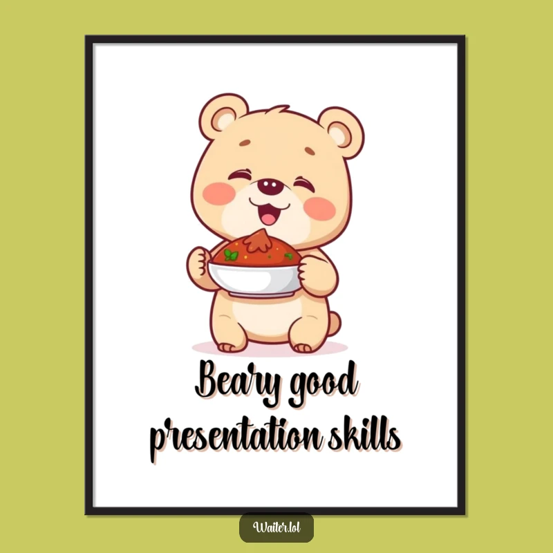 Free Printable Wall Art: Giggling Bear Cub's Proud Dish Humorous Downloadable Art Decor