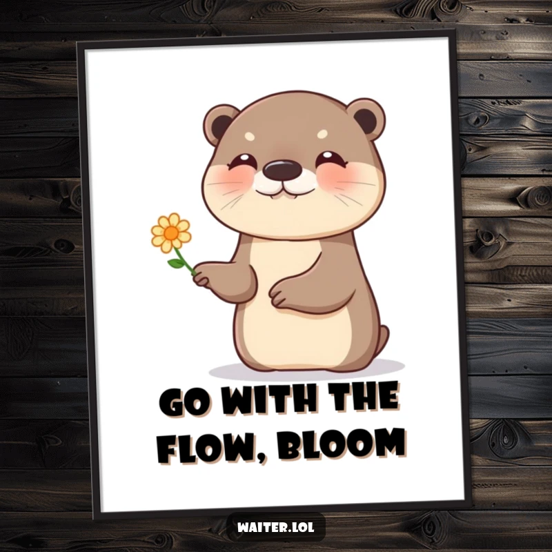 Free Printable Wall Art: A giggling otter presents a tiny flower with a playful flourish, adding a whimsical and cheerful touch to your decor.