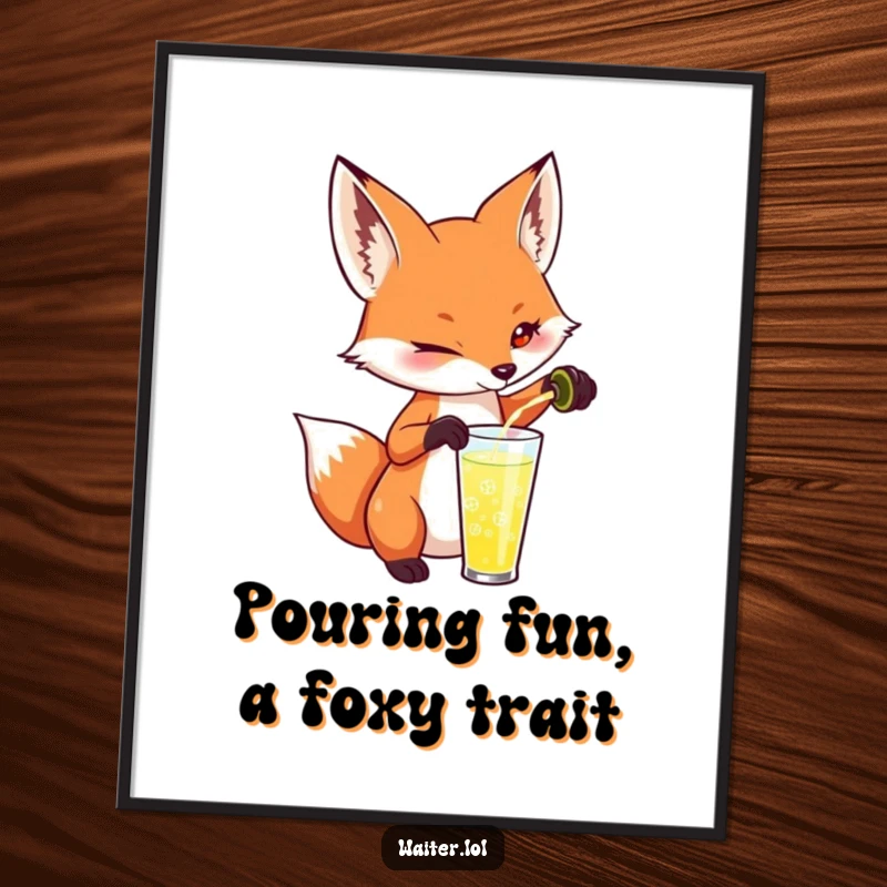 Funny Free Printable Wall Art: Fox with a knowing smile pouring a drink, embodying playful mischief, humorous decorative art, downloadable.