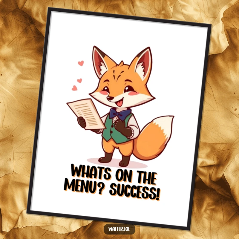 Funny Free Printable Wall Art of a playful fox waiter offering a menu with a flourish and a mischievous twinkle, adding humorous flair to your space.