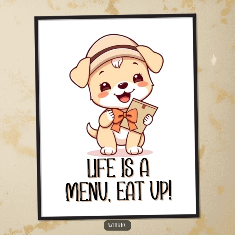 Funny Free Printable Wall Art: A giggling puppy wearing a hat and bow proudly holds a menu, bringing a festive and playful vibe.