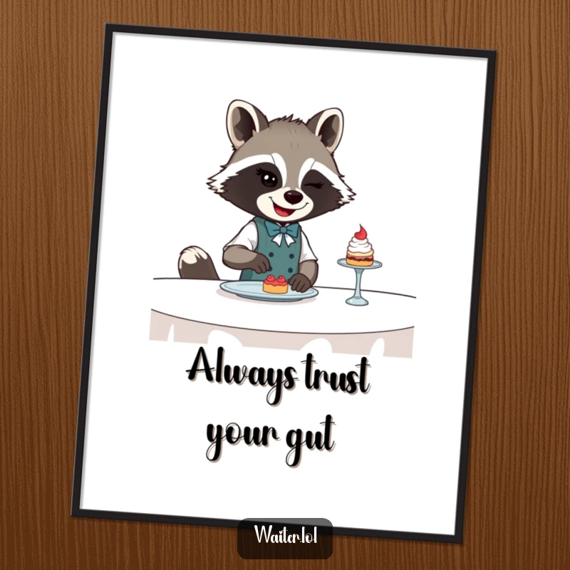 Funny free printable wall art of a winking raccoon waiter skillfully sliding a dessert across a table.