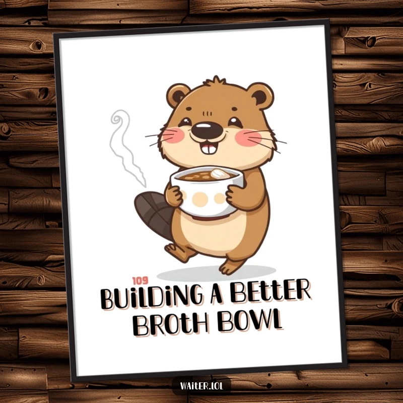 Funny Free Printable Wall Art: A busy beaver carefully carrying a steaming bowl, symbolizing dedication and effort.