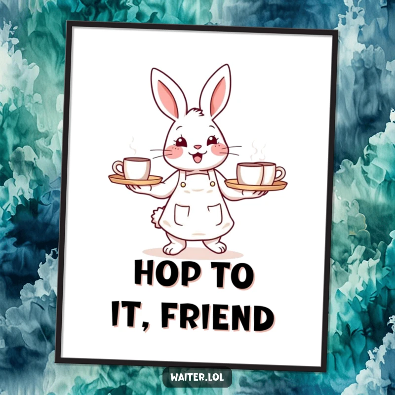 Funny free printable wall art featuring a cheerful bunny in an apron serving steaming mugs, a cozy cafe scene.