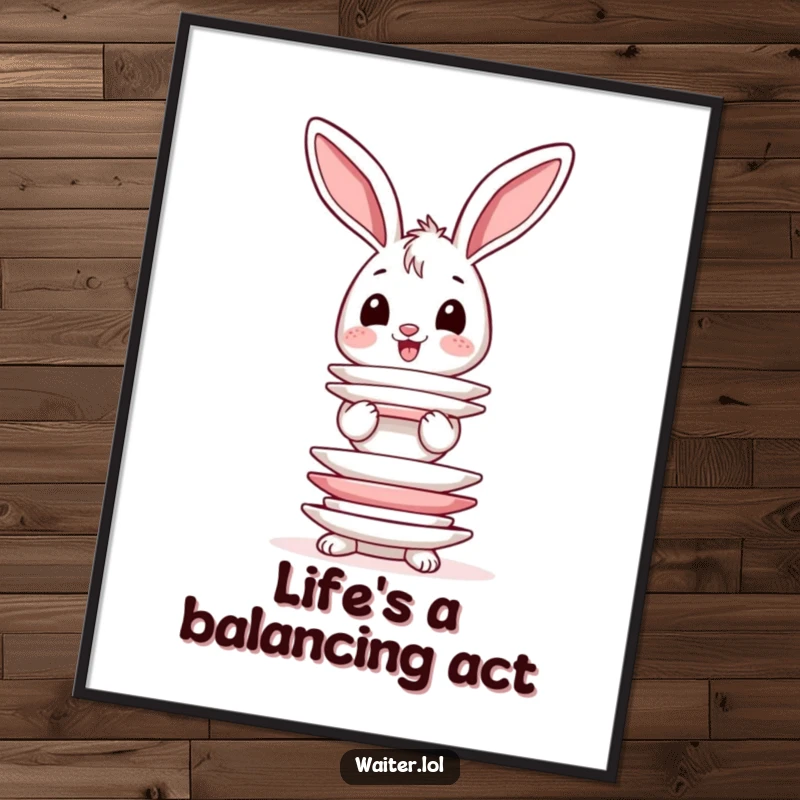 Funny free printable wall art of a happy bunny with wobbly ears hilariously balancing an enormous stack of plates.