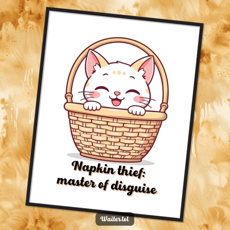 Funny Free Printable Wall Art: A smiling cat peeking out from behind a napkin basket, embodying playful curiosity, downloadable.
