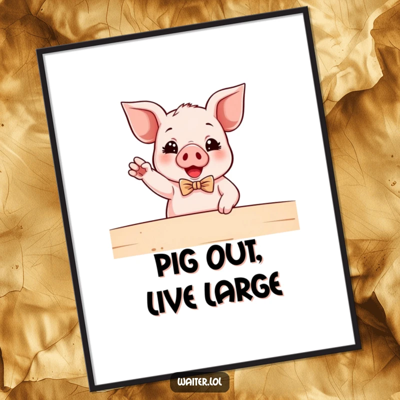 Funny Free Printable Wall Art: A piglet in a tiny bowtie gestures enthusiastically at a table, bringing humorous downloadable decor to life.