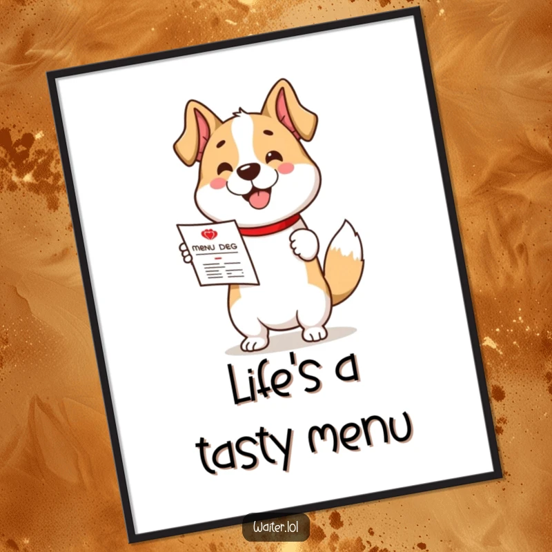 Funny free printable wall art featuring a cute dog enthusiastically presenting a menu while wagging its tail.