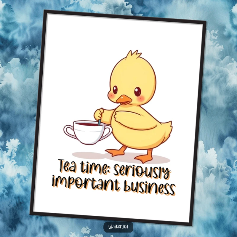 Funny Free Printable Wall Art: A determined duckling carefully carrying a single teacup, embodying focus and charm, downloadable.