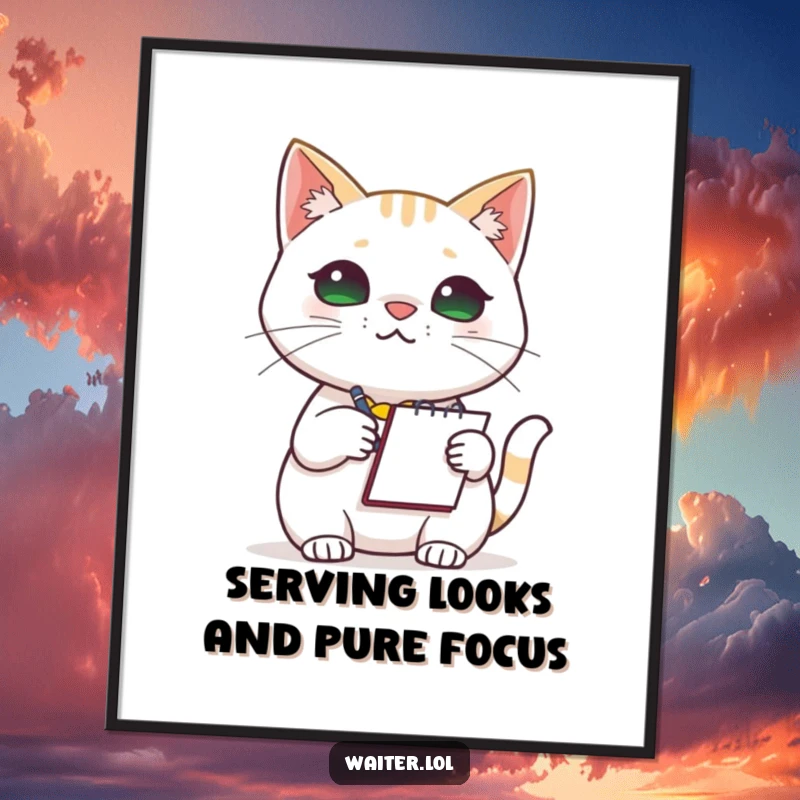 Funny Free Printable Wall Art: A cat barista intently taking an order with a notepad, looking very professional.