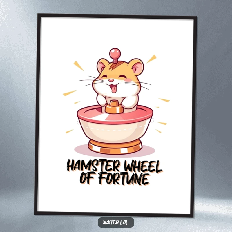 Funny Free Printable Wall Art: A giggling hamster spinning a lazy susan at incredibly high speed with excitement.